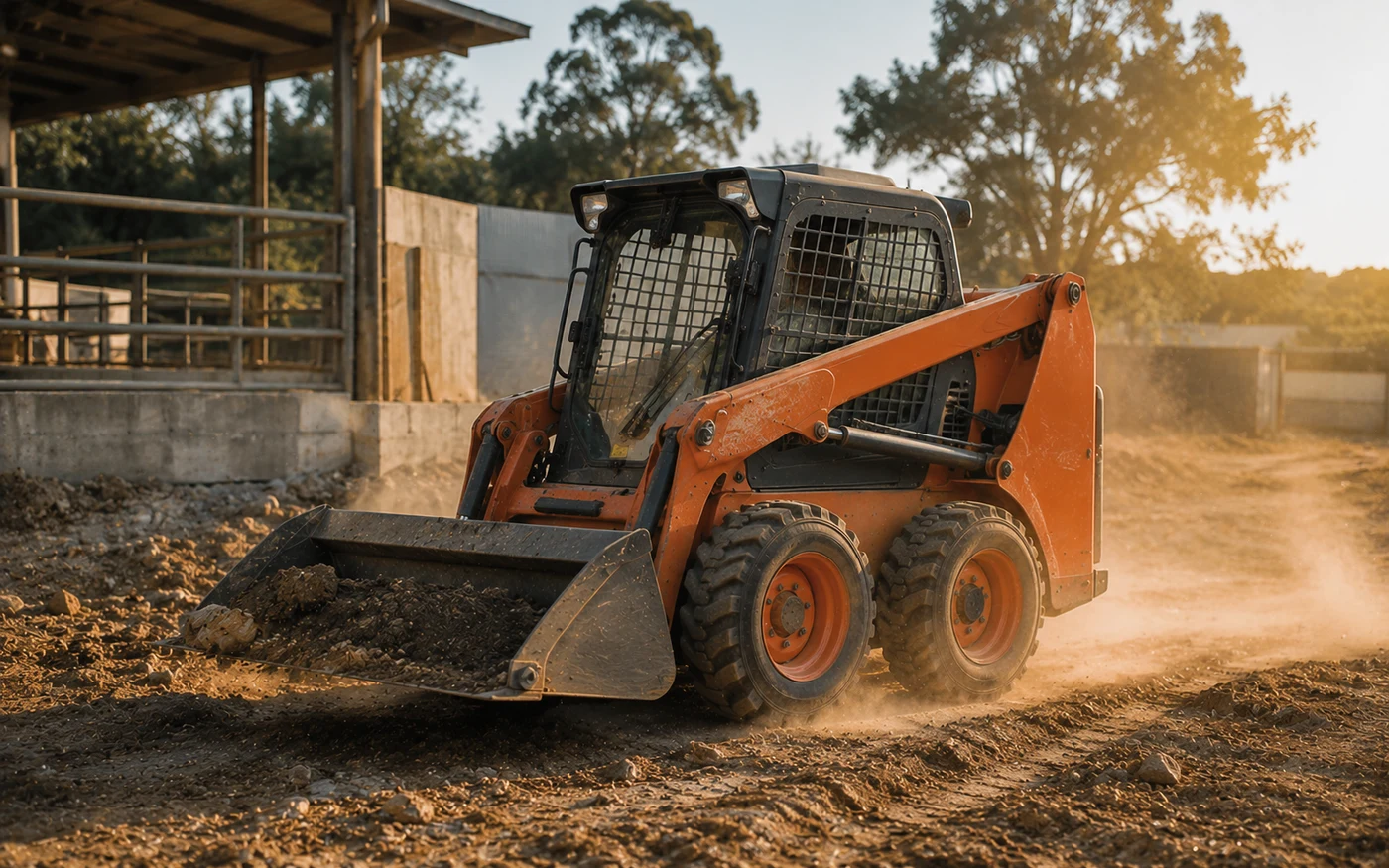 Компактный погрузчик Bobcat на фермерской площадке в пыли на закате