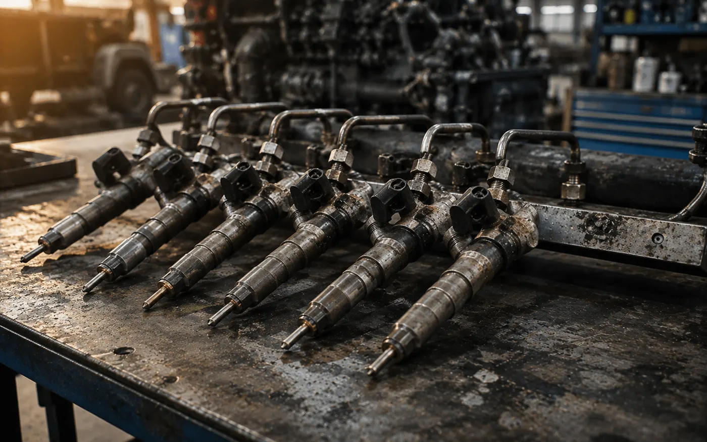 Демонтированный топливный рейл (common rail) со снятыми форсунками на сервисном верстаке